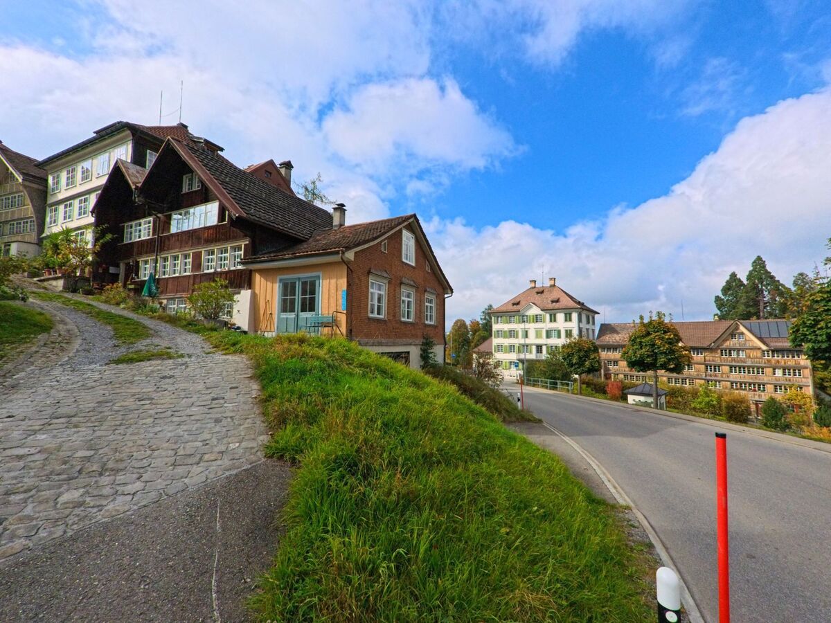 Oberhalb der Strasse in Trogen (9043, Kanton Appenzell Ausserrhoden) fuehrt ein alter Pflasterweg zu traditionellen Holzhäusern an einem sonnigen Hang.