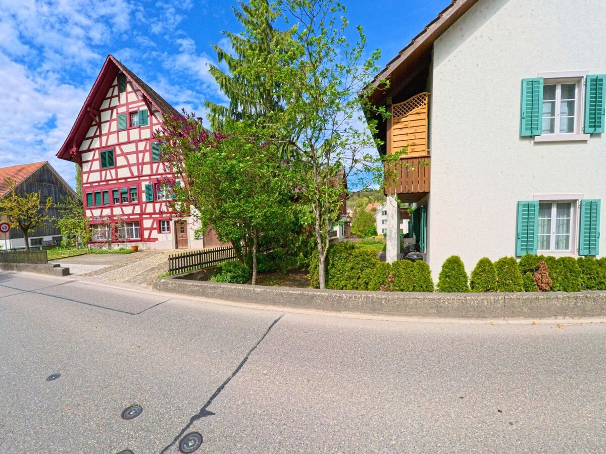 In Truellikon (8466, Kanton Zuerich) steht ein auffaelliges rotes Fachwerkhaus neben einem weissen Wohnhaus mit gruene Fensterlaeden an einer Dorfstrasse.