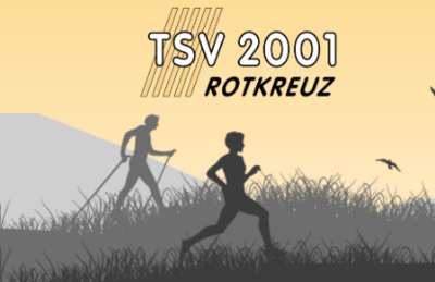 In einer stilisierten Landschaftsgrafik fuer den TSV 2001 Rotkreuz wird in Risch (6343, Kanton Zug) eine laufende und eine mit Stoecken gehende Person vor hellem Hintergrund dargestellt.