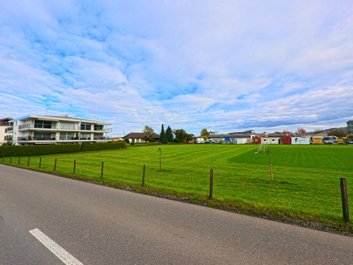 Ein Wohngebiet mit Einfamilienhäusern liegt entlang einer Strasse in Tübach (9327, Kanton St. Gallen).