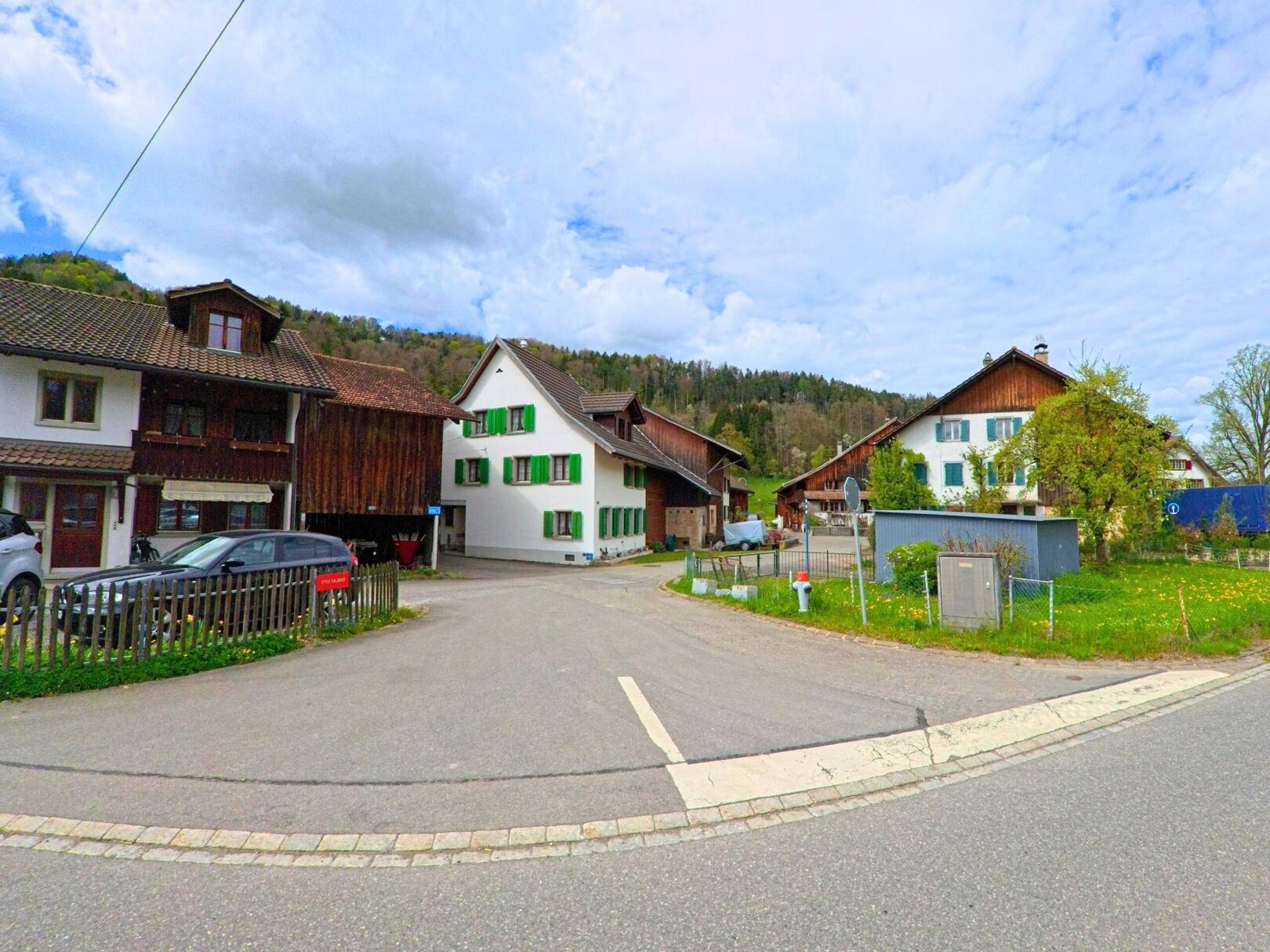 In Turbenthal (8492, Kanton Zürich) biegt die Strasse an einer Kreuzung ab, wobei traditionelle Häuser mit Holzbalkonen und grünen Fensterläden die Szenerie prägen.