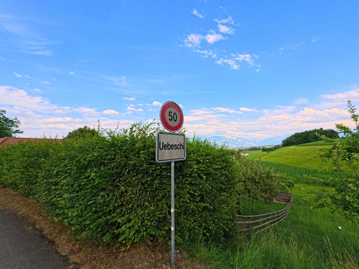 Am Ortseingang von Uebeschi (3635, Kanton Bern) steht ein Geschwindigkeitsbegrenzungsschild vor grüner Hecke und Blick auf Felder und das Alpenpanorama.