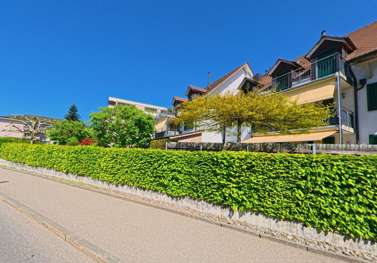 In Uetikon am See (8707, Kanton Zürich) säumen moderne Reihenhäuser mit Balkonen einen Gehweg, der durch eine dichte grüne Hecke vom Strassenraum getrennt ist.
