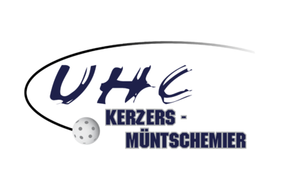 Ein stilisiertes Logo mit Schriftzug und Ballmotiv auf dunklem Hintergrund steht fuer einen Unihockeyverein in Kerzers (3210, Kanton Fribourg).