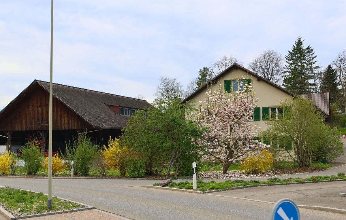 Ein Bauernhaus mit grünen Fensterläden und blühenden Bäumen steht in Uitikon (8142, Kanton Zürich) neben einer grossen Holscheune.