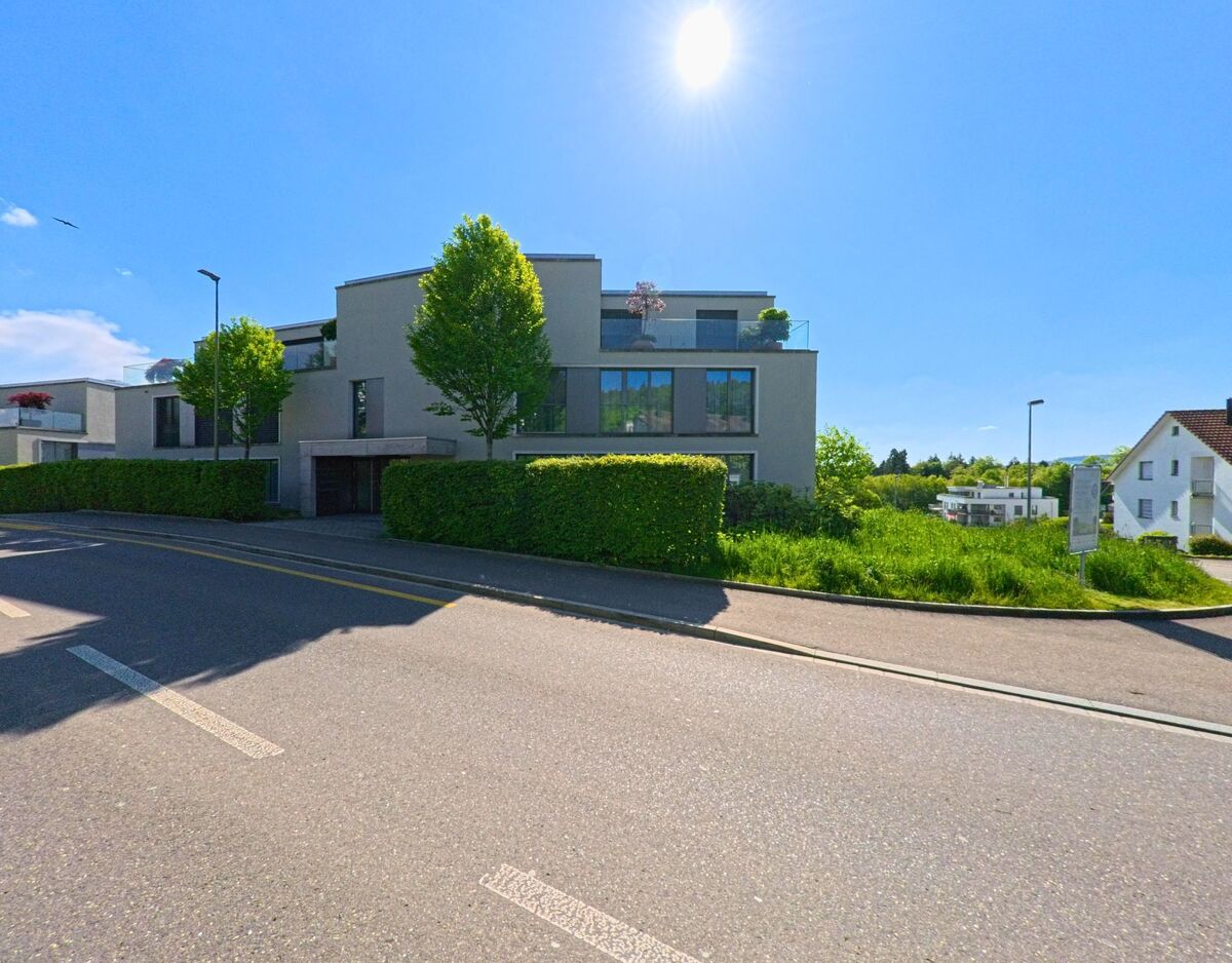 Bei strahlendem Sonnenschein stehen in Uitikon (8142, Kanton Zürich) moderne Wohngebäude mit grossen Glasbalkonen entlang einer leicht ansteigenden Strasse.