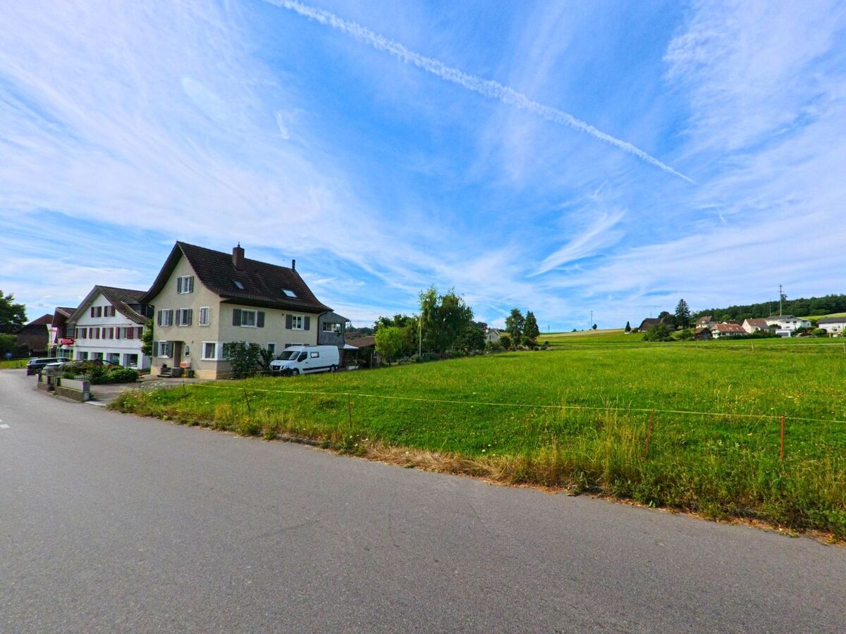 Am Dorfrand von Ulmiz (3214, Kanton Freiburg) stehen Wohnhäuser an einer kleinen Strasse mit Blick auf eine weitläufige Wiese.