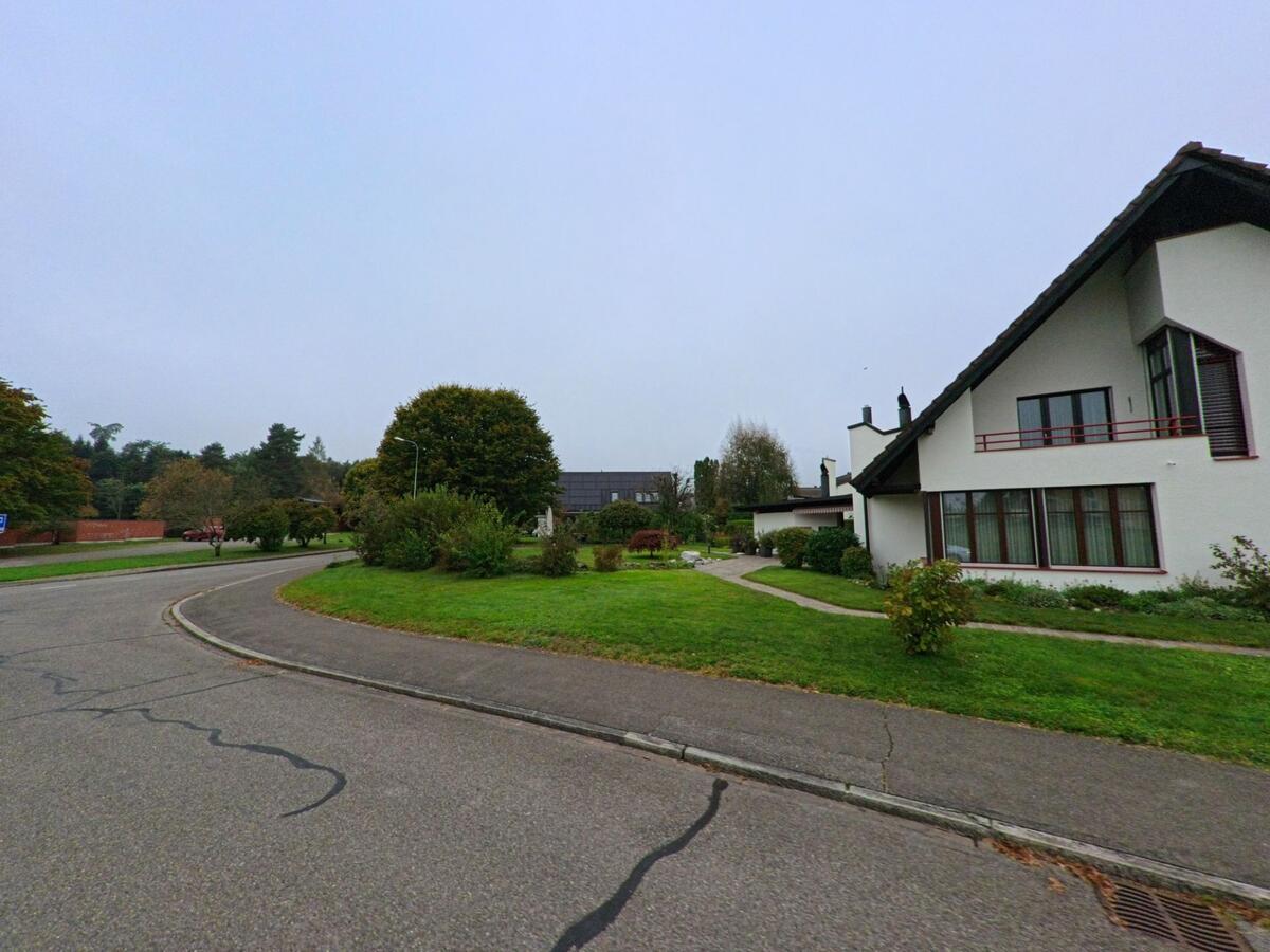 In Unterentfelden (5035, Kanton Aargau) fuehrt eine geschwungene Wohnstrasse an gepflegten Gaerten und modernen Einfamilienhaeusern vorbei.