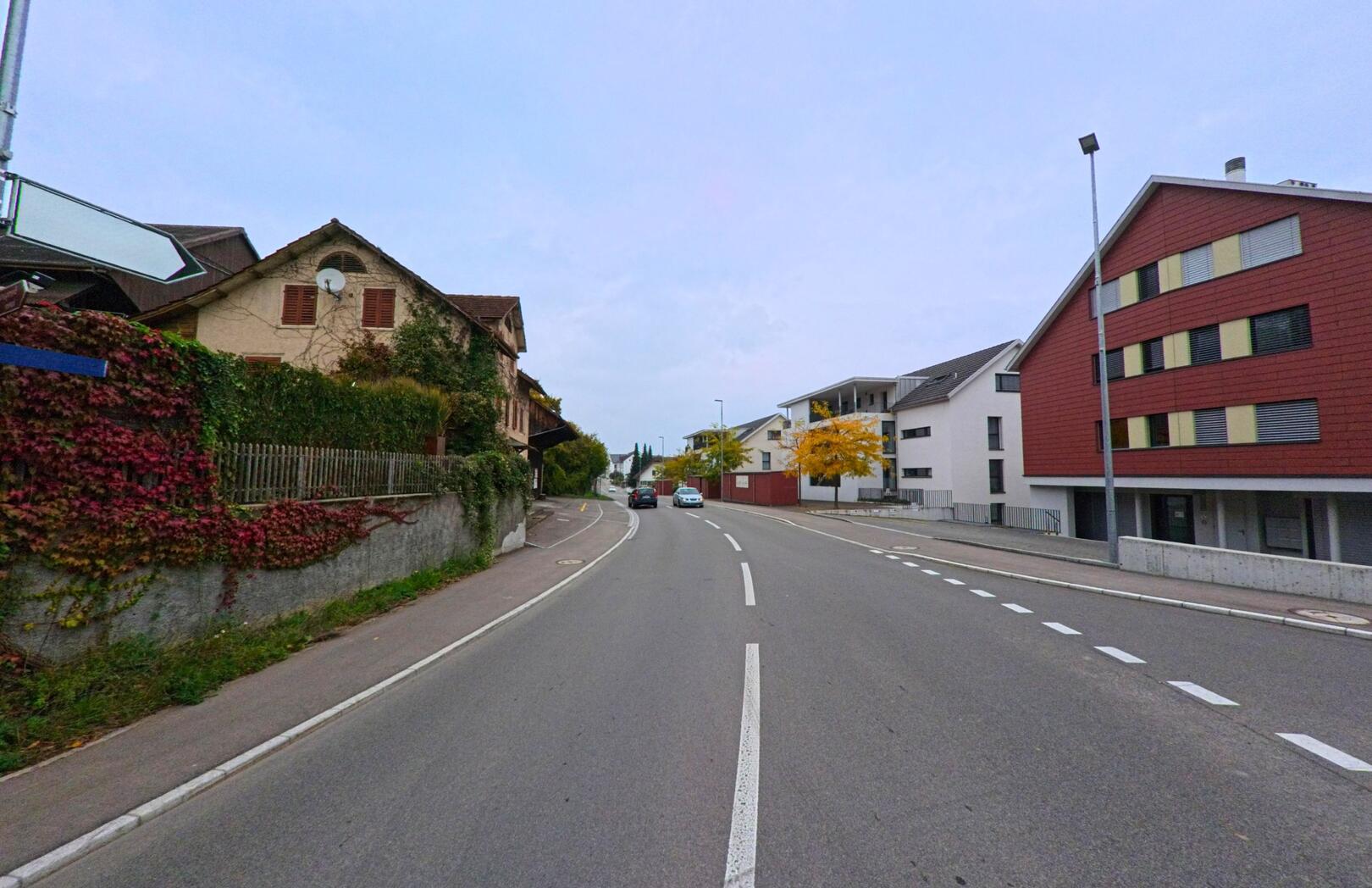 In einer Wohnstrasse von Unterlunkhofen (8918, Kanton Aargau) verlaufen moderne und traditionelle Hauser entlang einer leicht gebogenen Fahrbahn unter einem bedeckten Himmel.