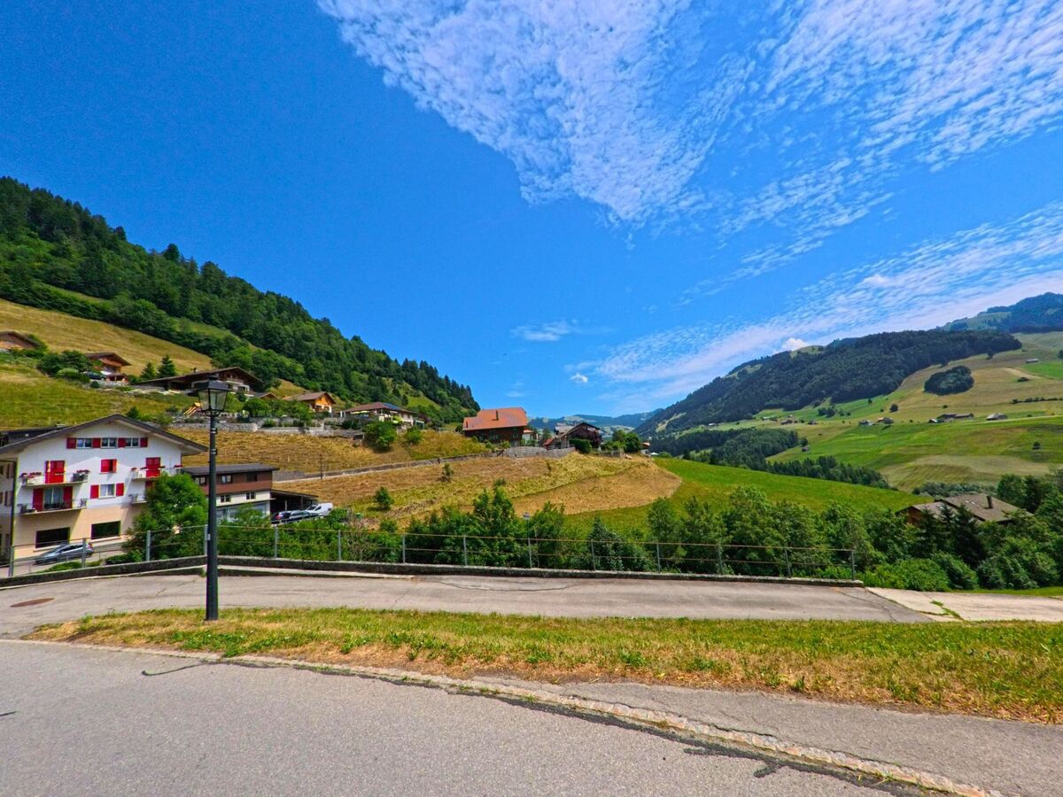 Über sanft geschwungene Hänge mit verstreut liegenden Häusern eröffnet sich in Val-de-Charmey (1654, Kanton Freiburg) ein weiter Blick ins grüne Tal.