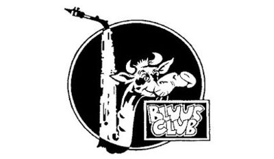 Das Logo des BLUUS CLUB Baden in Baden (5400, Kanton Aargau) zeigt eine gezeichnete Kuh mit Saxophon in einem schwarzen Kreis.