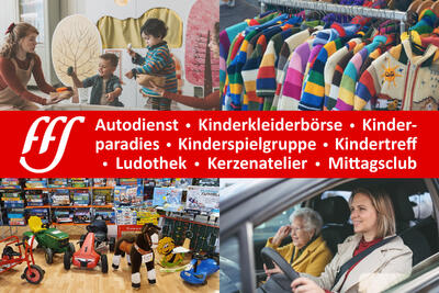 In einer Collage des Vereins FFS – Freiwillig fuer Schwyz in Schwyz (6430, Kanton Schwyz) werden verschiedene Angebote wie Kinderaktivitaeten, Kleiderboerse, Ludothek und Autodienst bildlich dargestellt.