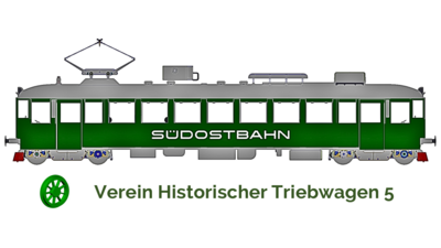 Logo des Vereins Historischer Triebwagen 5 mit einer Illustration eines historischen grünen Triebwagens der Südostbahn. Der Verein engagiert sich für den Erhalt, die Pflege und die Präsentation historischer Schienenfahrzeuge.
