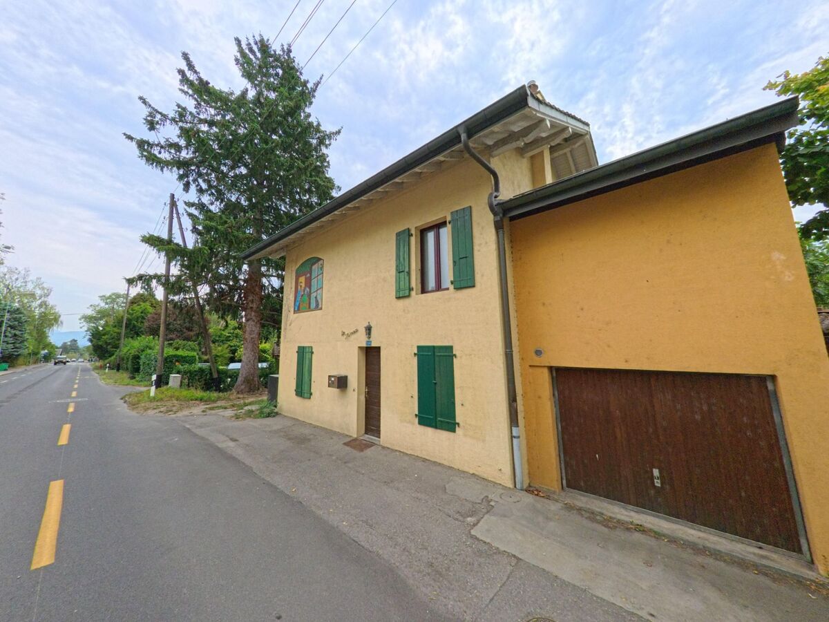 Ein gelbes Wohnhaus mit grünen Fensterlaeden und Garagentor steht an einer Strasse in Versoix (1290, Kanton Genf), daneben ragt eine grosse Tanne empor.