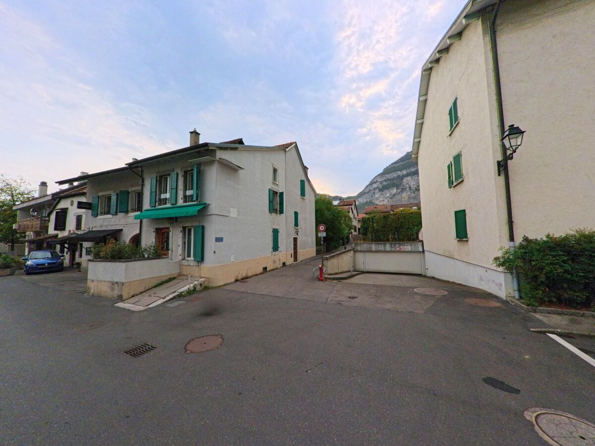 In Veyrier (1255, Kanton Genf) stehen Wohnhaeuser mit gruenen Fensterlaeden an einer schmalen Gasse, im Hintergrund erhebt sich ein bewaldeter Berg.