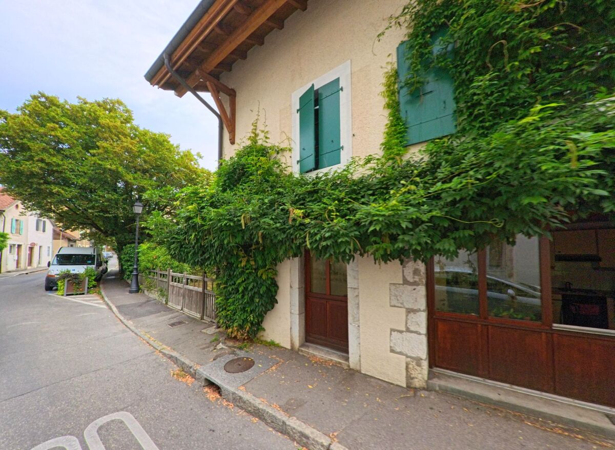 In Veyrier (1255, Kanton Genf) waechst dichte Begruenung an einer Hausfassade mit gruenen Fensterlaeden, waehrend die Strasse schmal am Gebaeude vorbeifuehrt.