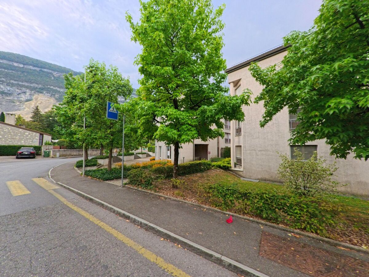 In Veyrier (1255, Kanton Genf) fuehrt eine Strasse mit Fussgaengerueberweg an Wohnhaeusern vorbei, waehrend im Hintergrund der Hang eines Berges sichtbar ist.