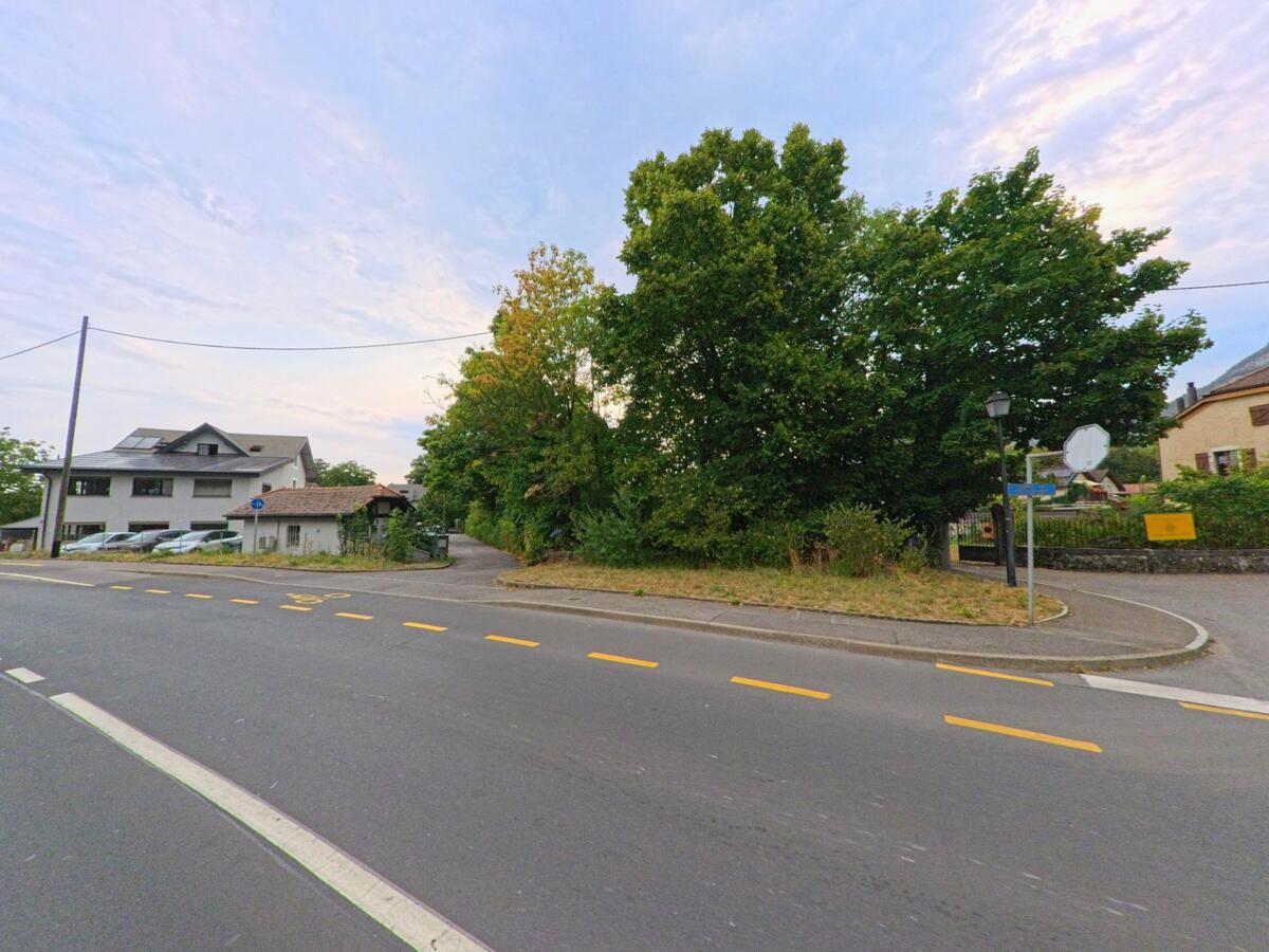 An einer Strassenecke in Veyrier (1255, Kanton Genf) zweigt ein schmaler Weg zwischen Wohnhaeusern und Baeumen ab.
