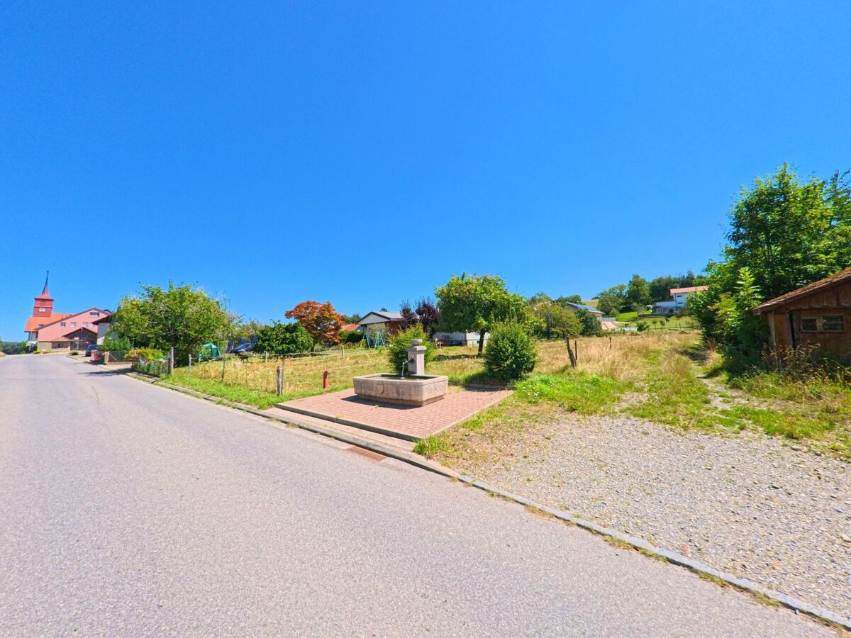 An einer Strasse in Villarzel (1555, Kanton Waadt) steht ein Brunnen vor einer Wiese, im Hintergrund sind Wohnhäuser und die Kirche sichtbar.
