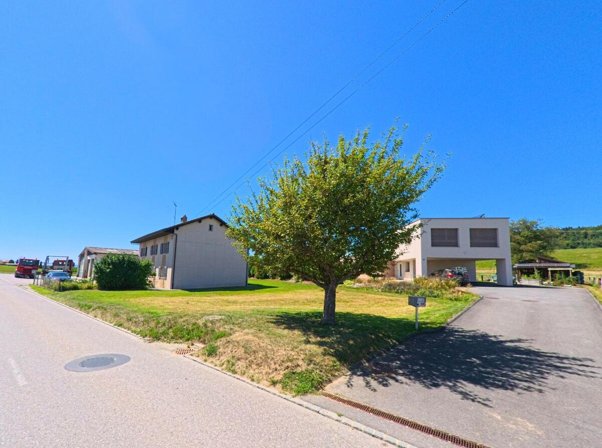 An einer ruhigen Strasse in Villaz (1690, Kanton Freiburg) stehen ein modernes und ein traditionelles Wohnhaus, getrennt durch einen gepflegten Rasen mit Baum.