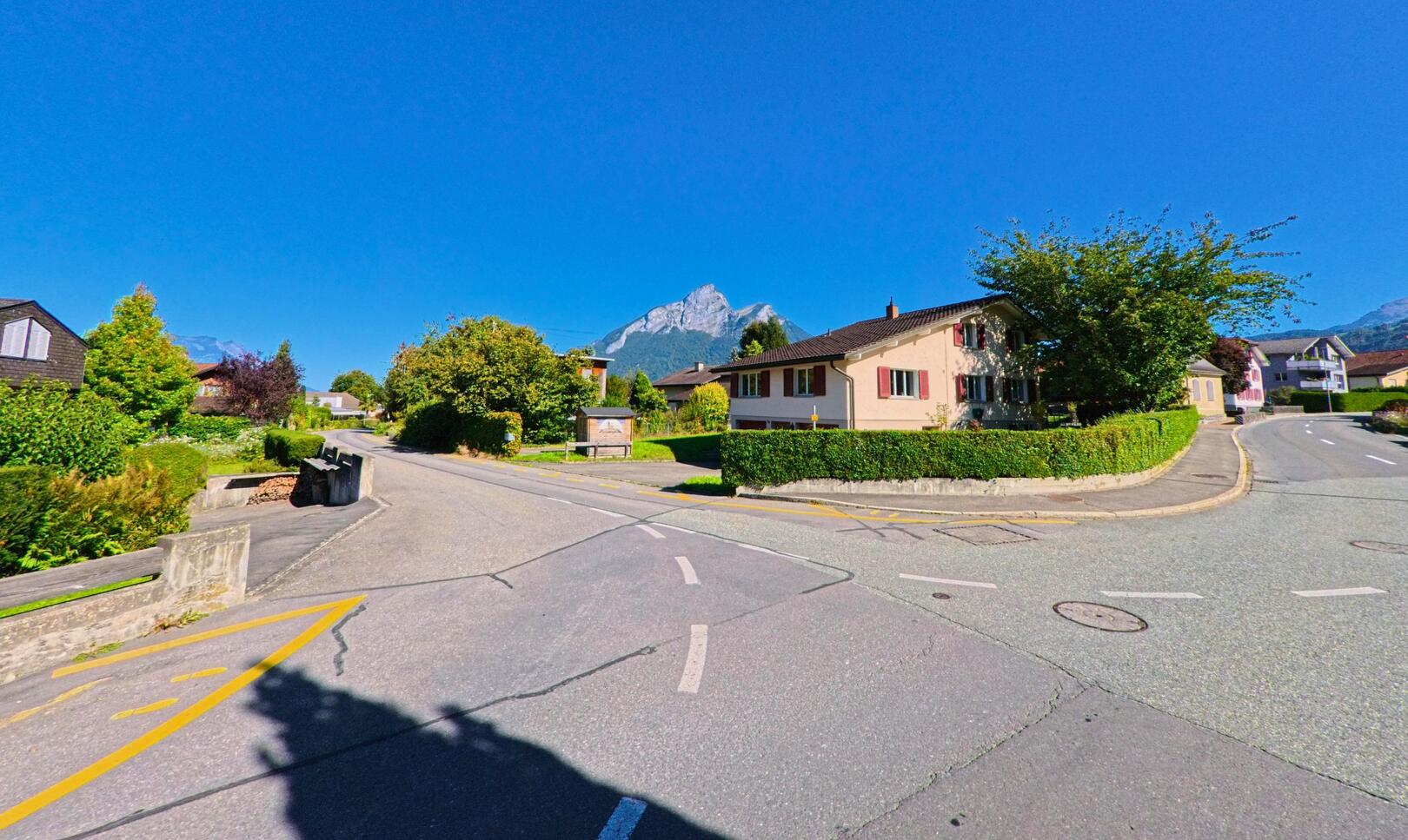 In einer ruhigen Wohnstrasse von Vilters-Wangs (7324, Kanton St. Gallen) stehen gepflegte Einfamilienhaeuser mit Blick auf die markanten Berge im Hintergrund.