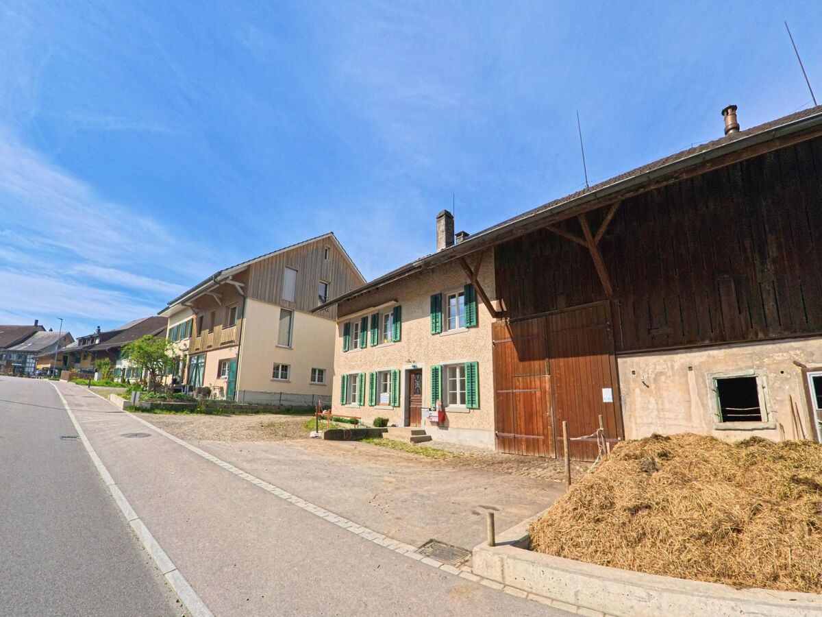 In Volken (8459, Kanton Zürich) reihen sich Bauernhäuser mit Holzfassaden und Misthaufen entlang einer breiten Dorfstrasse.