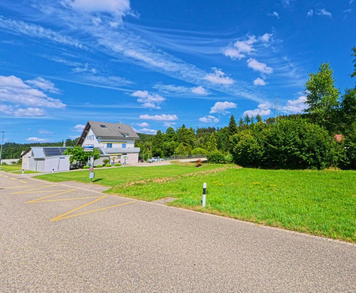 Am Ortsrand von Vordemwald (4803, Kanton Aargau) steht ein Einfamilienhaus mit Nebengebaeude und gepflegtem Rasen inmitten gruener Umgebung nahe dem Waldrand.