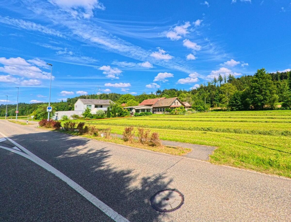 Am Ortsrand von Vordemwald (4803, Kanton Aargau) liegen moderne und traditionelle Wohnhaeuser ruhig eingebettet zwischen Feldern und Waldrand.