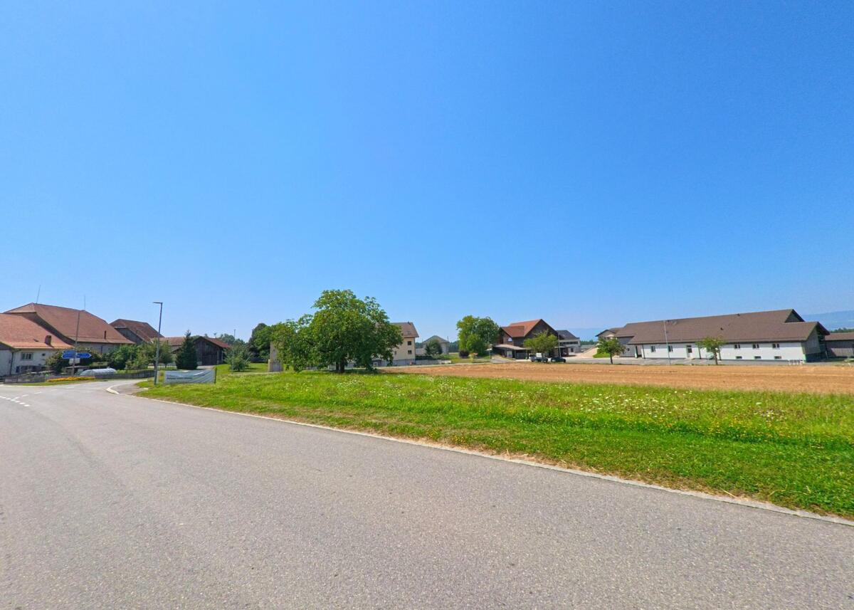 Am Ortsrand von Vuarrens (1418, Kanton Waadt) führt eine Strasse an Feldern und landwirtschaftlichen Gebäuden vorbei.