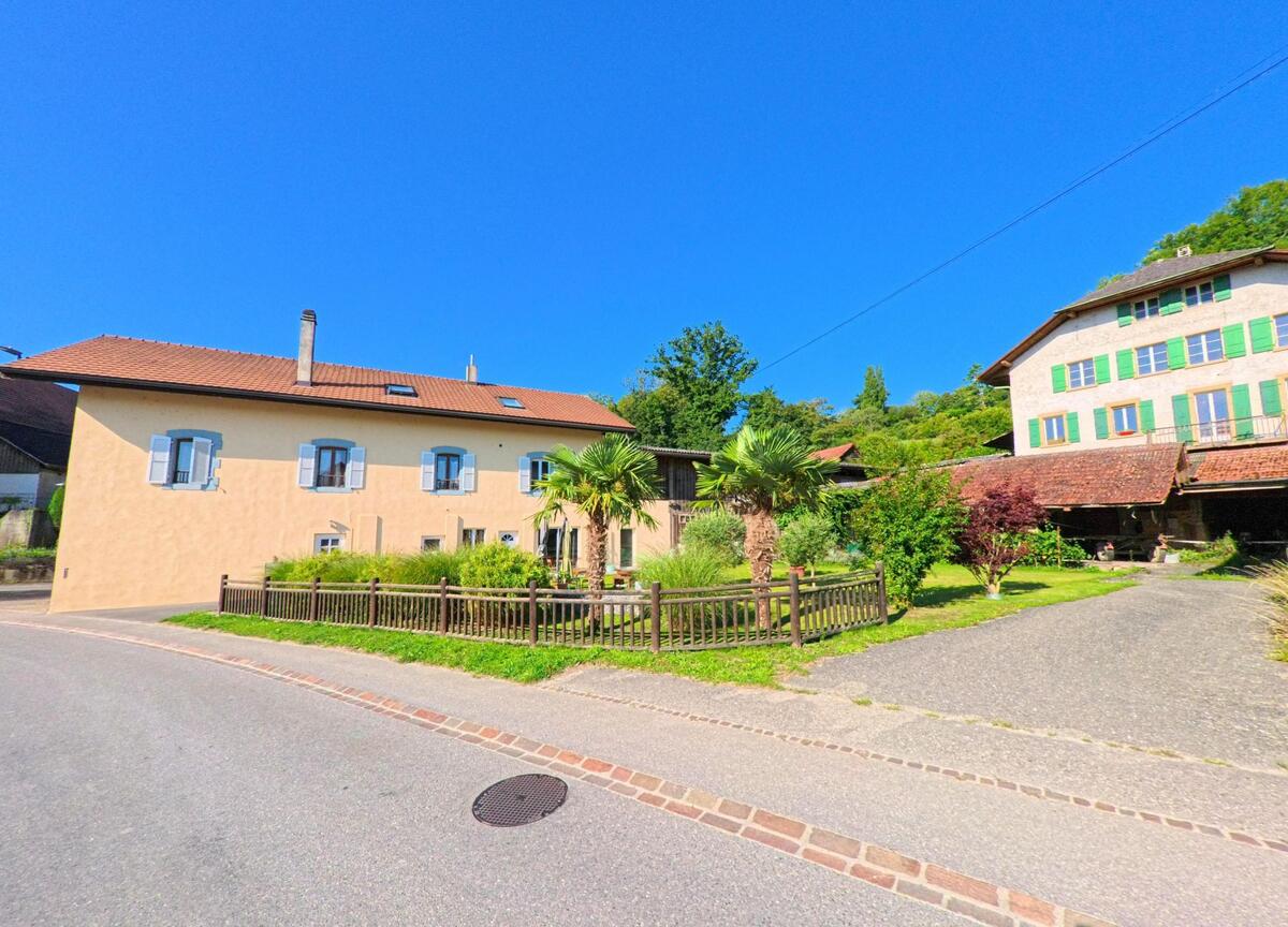 In Vully-les-Lacs (1586, Kanton Waadt) stehen zwei Wohnhaeuser mit gepflegtem Garten und Palmen an einer leicht gekruemmten Strasse.