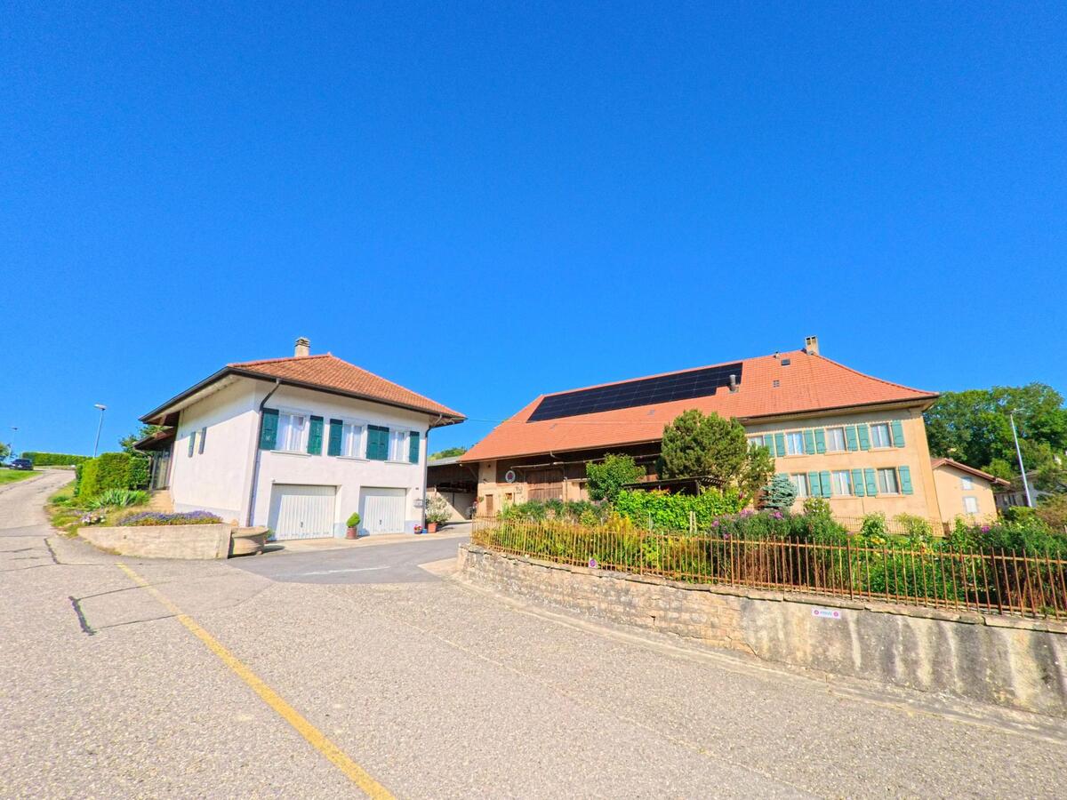 Zwei Wohnhaeuser in Vully-les-Lacs (1586, Kanton Waadt) stehen an einer ansteigenden Strasse, eines davon mit grossen Solarpanelen auf dem Dach und gruener Gartenanlage.