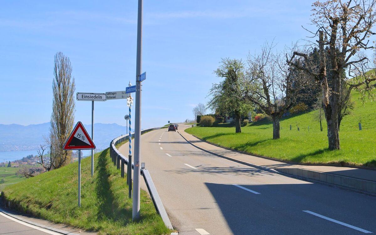 In Wädenswil (8820 im Kanton Zürich) führt eine steile Landstrasse mit Blick auf den Zürichsee in Richtung Einsiedeln, begleitet von einzelnen Bäumen und Wegweisern.