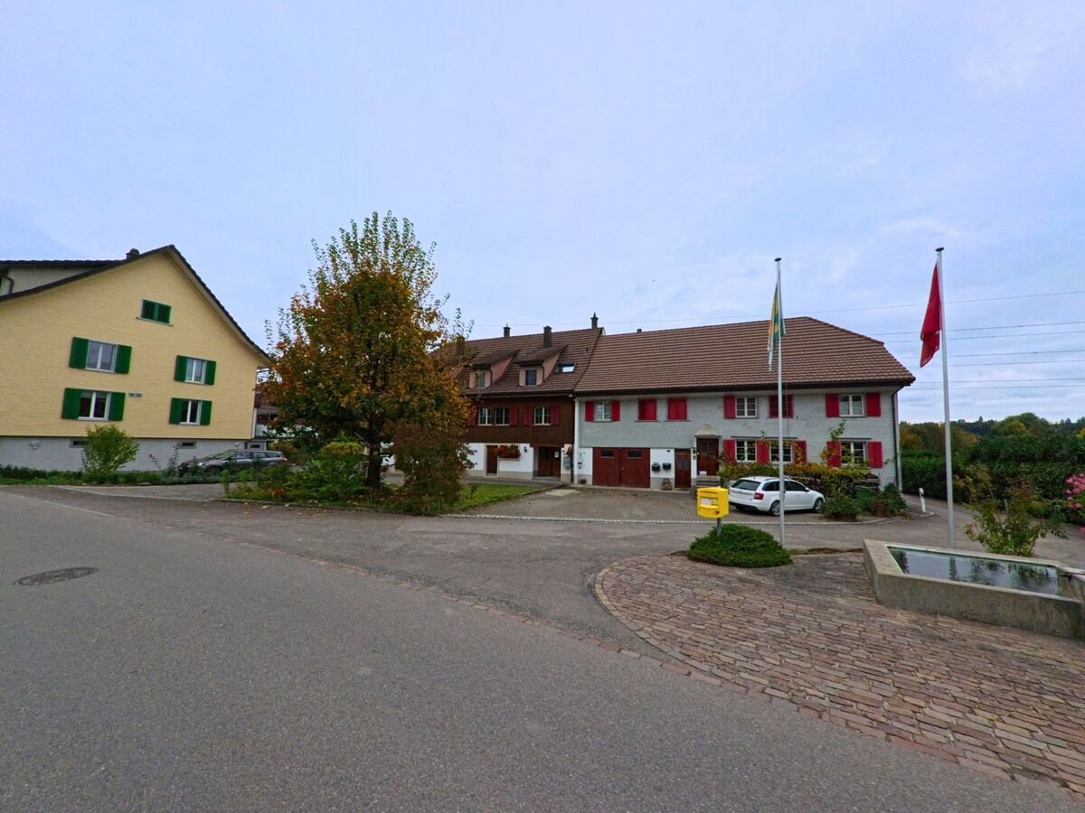 Vor traditionellen Wohnhaeusern mit roten Fensterlaeden liegt ein kleiner Platz mit Brunnen und Fahnen in Wängi (9545, Kanton Thurgau) unter herbstlichem Himmel.