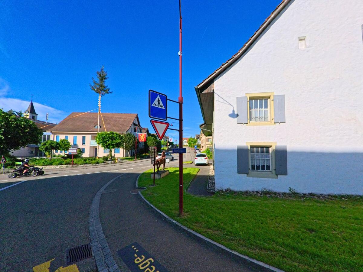 In Wahlen (4246, Kanton Baselland) führt eine Strasse an einem historischen Gebäude mit weisser Fassade entlang, während ein Maibaum und Verkehrsschilder den Dorfplatz zieren.