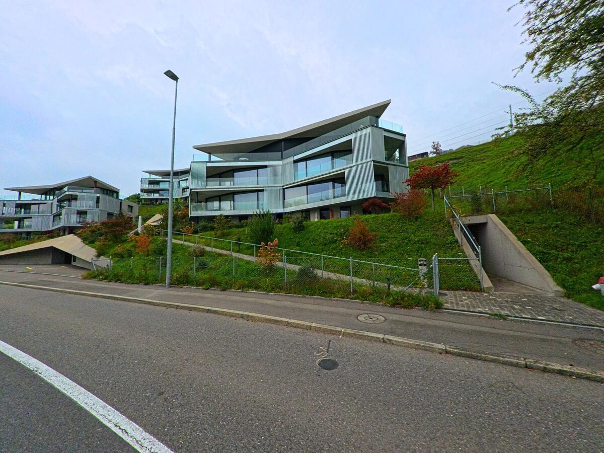Moderne Wohnbauten fügen sich terrassiert in die Hanglage von Walchwil (6318, Kanton Zug) ein.