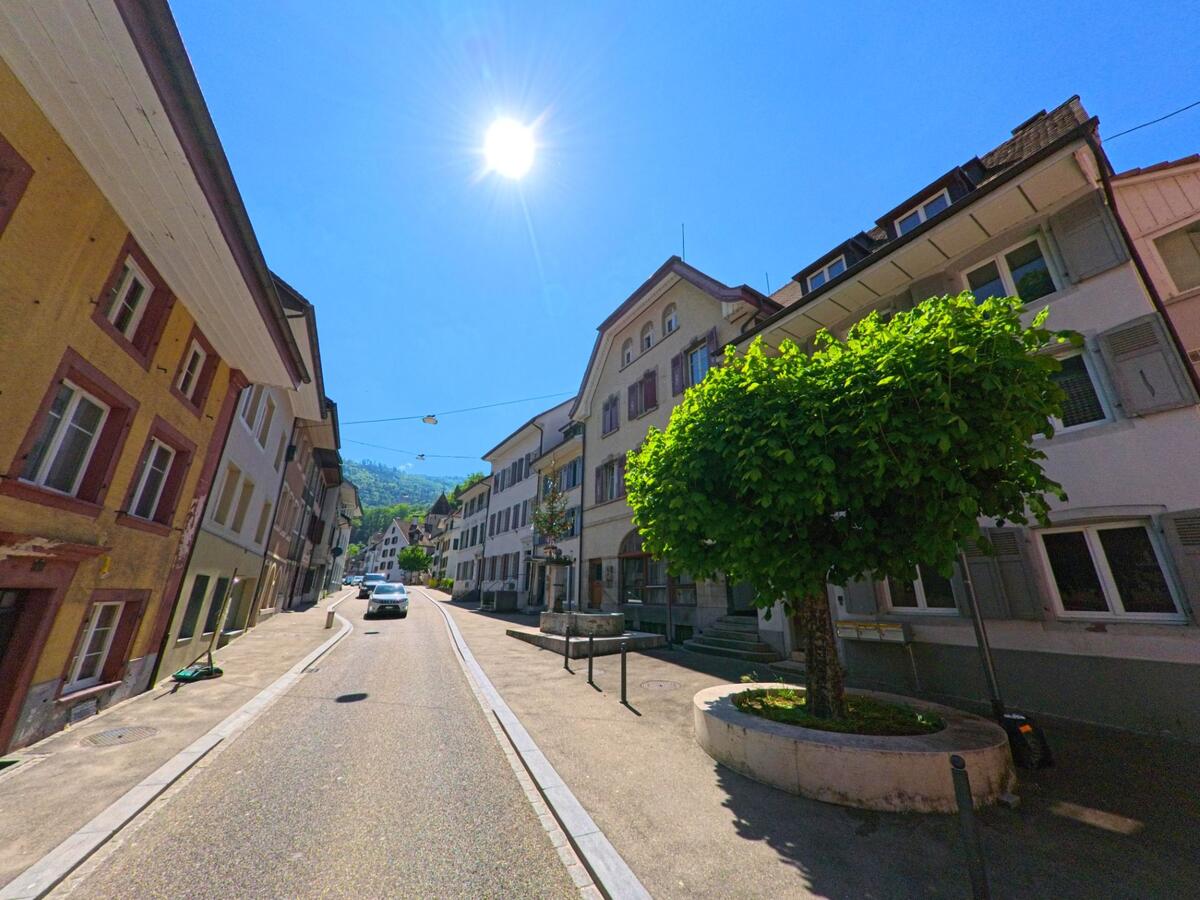  Zwischen dicht stehenden Häusern in Waldenburg (4437, Kanton Baselland) verläuft eine schmale Strasse, gesäumt von einem markanten Baum in einem runden Betonbeet.
