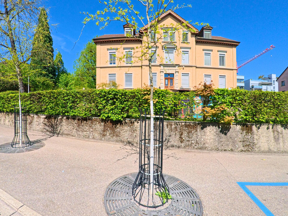 In Wallisellen (8301, Kanton Zürich) steht ein historisches Gebäude mit orangefarbener Fassade hinter einer alten Mauer und jungen Bäumen entlang des Gehwegs.