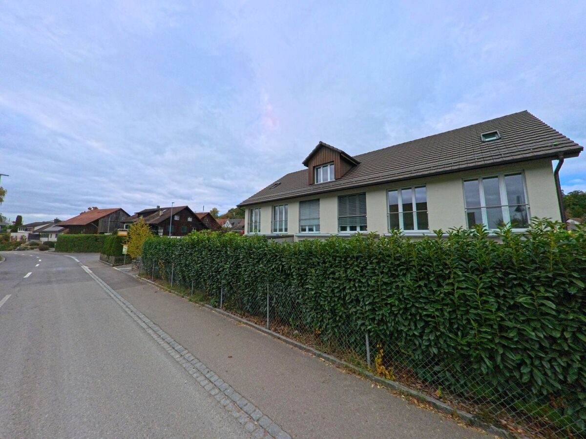 Hinter einer dichten Hecke verläuft eine ruhige Quartierstrasse mit Wohnhaeusern in Warth-Weiningen (8532, Kanton Thurgau) bei gleichmaessiger Bewoelkung.