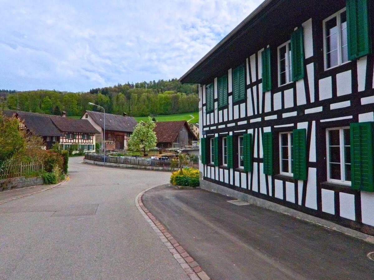 In Weiach (8187, Kanton Zürich) führt eine enge Straße an historischen Fachwerkhäusern entlang, die von grünen Fensterläden geziert werden.