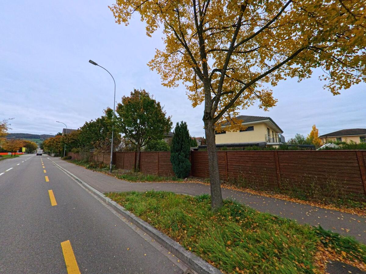 Entlang eines Gehwegs mit Holzzaun und herbstlich gefärbten Bäumen erstreckt sich ein Wohngebiet in Weinfelden (8570, Kanton Thurgau).