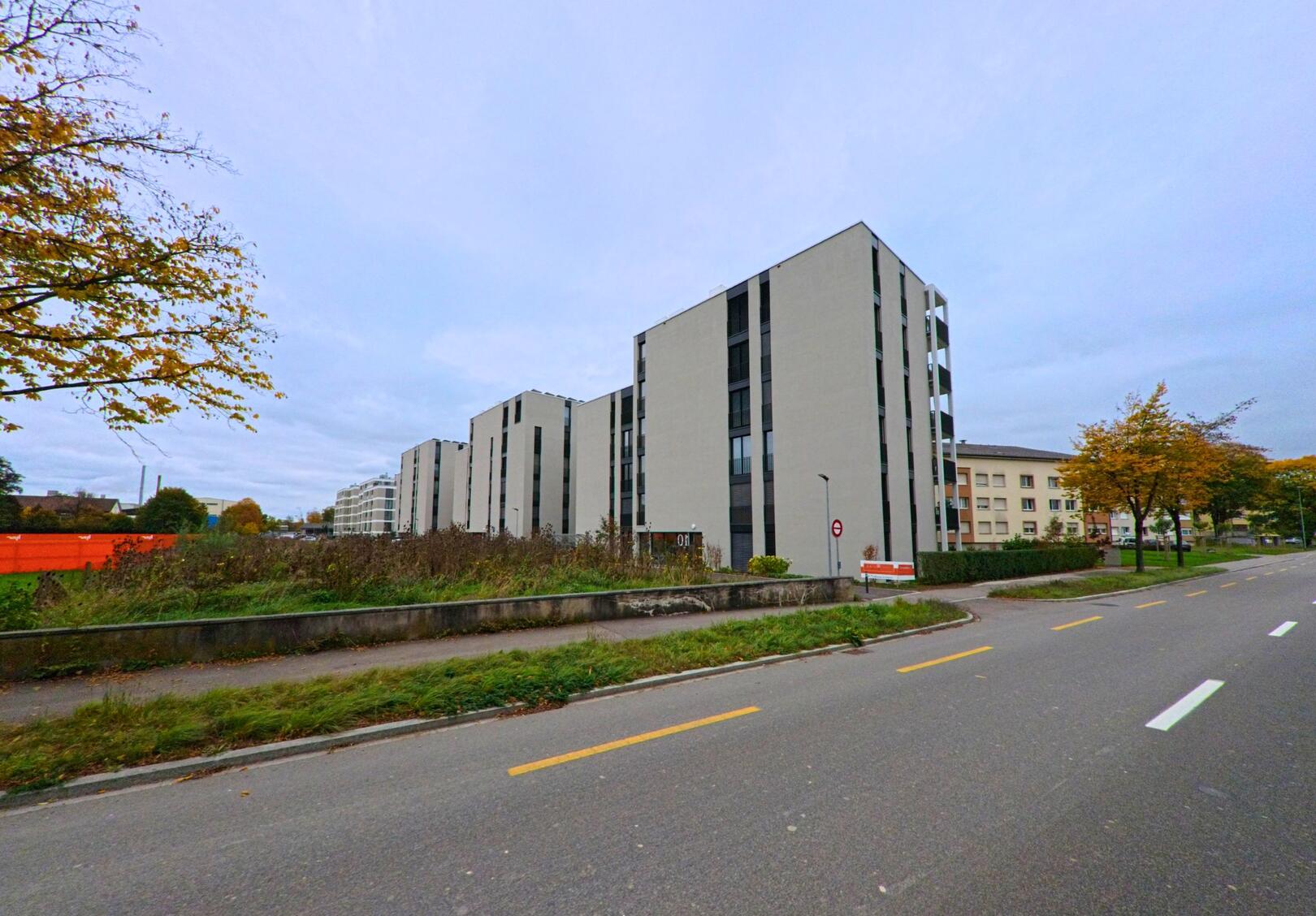 Entlang einer ruhigen Strasse stehen moderne Mehrfamilienhaeuser in Weinfelden (8570, Kanton Thurgau), umgeben von Gruenflaechen und herbstlichen Baeumen.