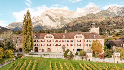 Das Weingut Schloss Salenegg in Maienfeld (7304, Kanton Graubuenden) liegt malerisch vor der Kulisse der Alpen und ist von Weinreben und gepflegten Gaerten umgeben.
