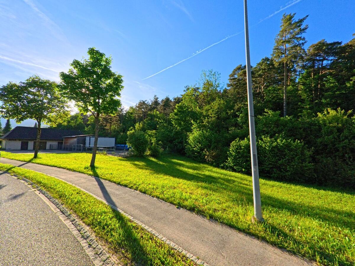 Am Waldrand von Welschenrohr-Gaensbrunnen (4716, Kanton Solothurn) fuehrt ein geschwungener Gehweg durch eine gepflegte Gruenflaeche mit jungen Baeumen und Blick auf ein flaches Gebaeude.