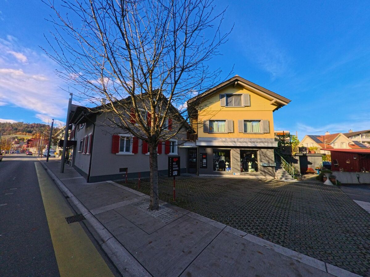 Zwei Gebaeude mit Ladenflaechen und Wohnraeumen stehen an einer ruhigen Strasse in Widnau (9443, Kanton St. Gallen) bei klarem Himmel und herbstlicher Umgebung.