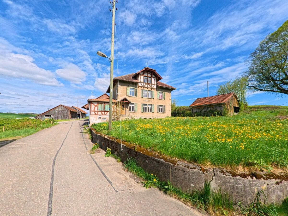 Am Rand von Wiesendangen (8543, Kanton Zürich) steht ein historisches Bauernhaus mit angrenzender Scheune an einer schmalen Landstrasse, umgeben von blühenden Wiesen und Feldern.