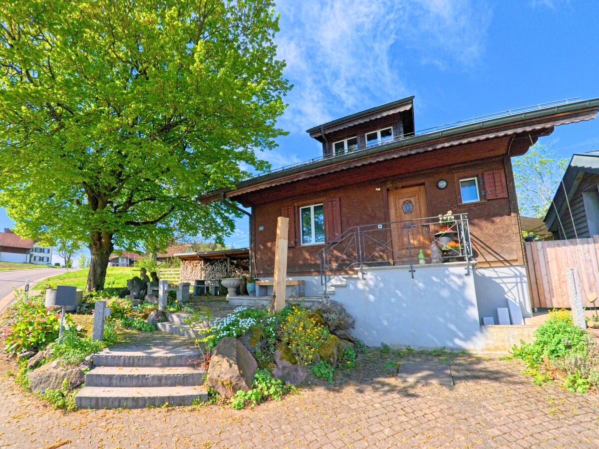 In Wiesendangen (8544, Kanton Zürich) steht ein braunes Einfamilienhaus mit Holzfassade an einem gepflasterten Weg unter einem grossen Laubbaum am Strassenrand.