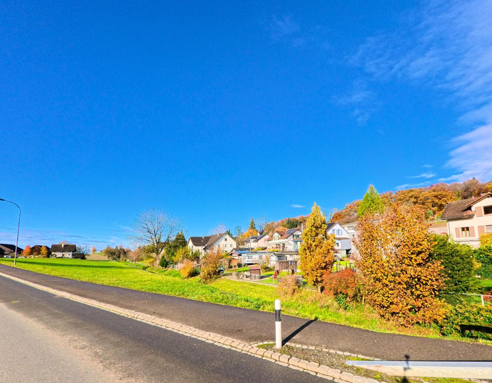 Am Rand eines Wohnquartiers in Wigoltingen (8556, Kanton Thurgau) zeigt das Bild Einfamilienhaeuser entlang einer leicht ansteigenden Strasse mit herbstlich gefaerbten Baeumen.