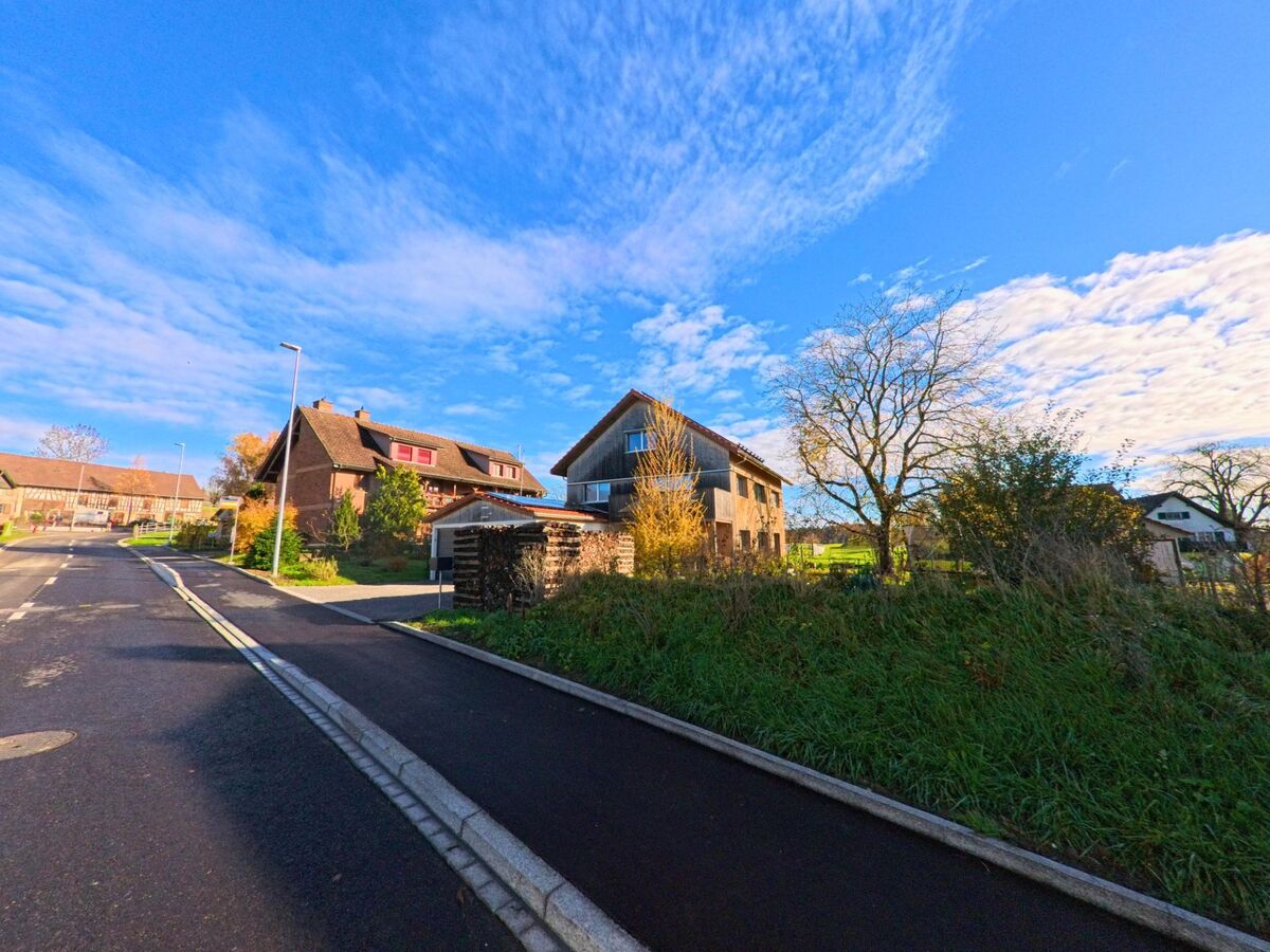 Am Uebergang vom Wohngebiet zur offenen Landschaft in Wigoltingen (8556, Kanton Thurgau) zeigt das Bild Einfamilienhaeuser entlang einer ruhigen Strasse mit angrenzenden Gruenflaechen.