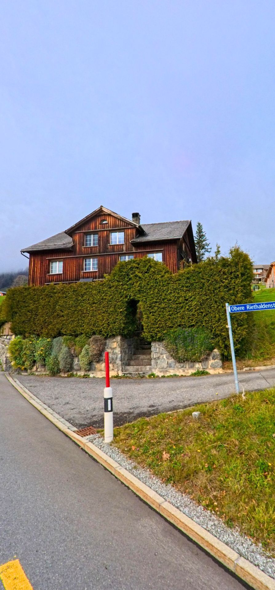 Hinter einer hohen Hecke steht ein traditionelles Holzhaus an einer ruhigen Strassenecke in Wildhaus-Alt_St._Johann (9656, Kanton St. Gallen) unter klarem Himmel.
