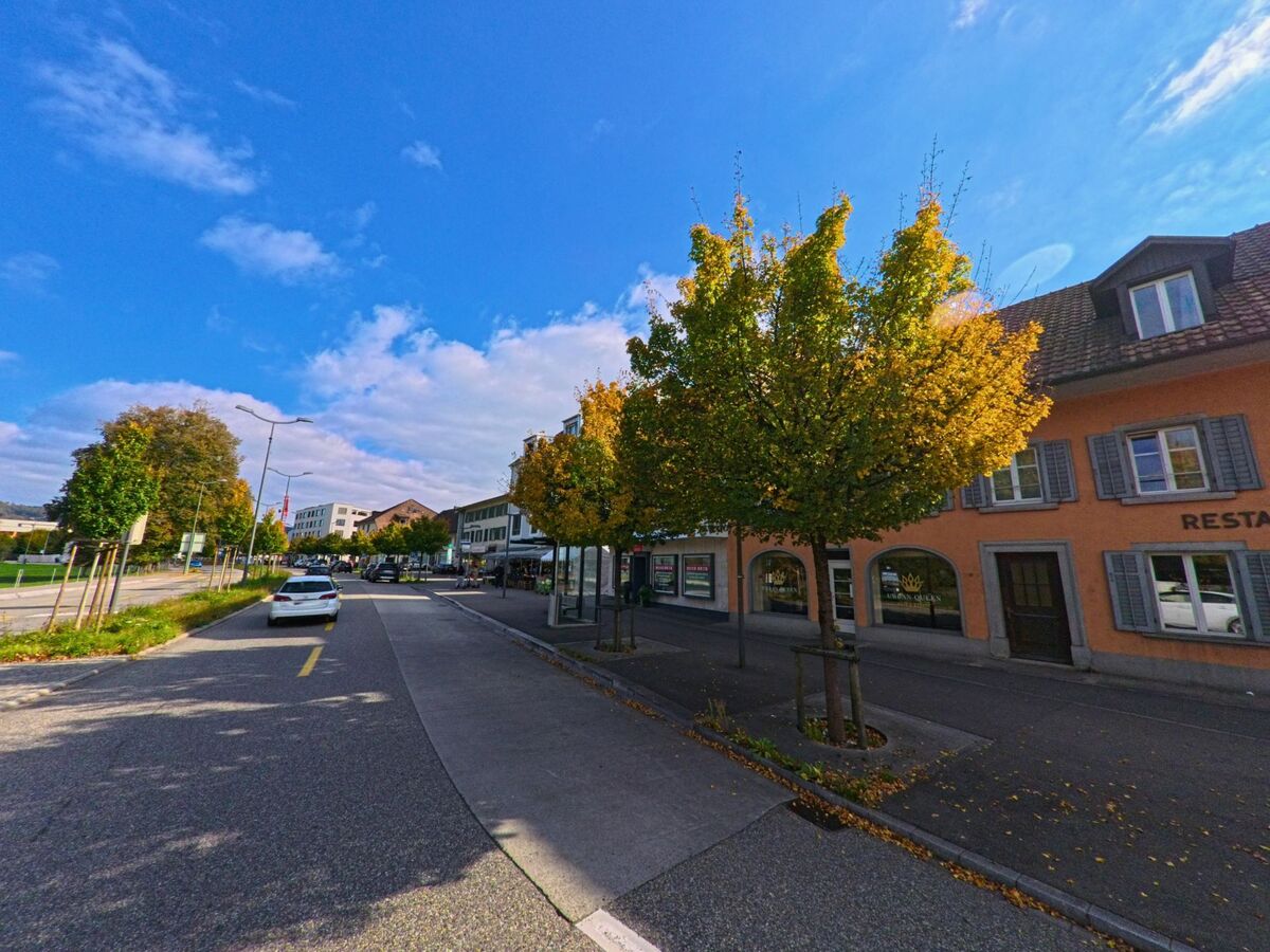 An einer belebten Strasse in Windisch (5210, Kanton Aargau) reihen sich Geschaefte und herbstliche Baume entlang der Fahrbahn.
